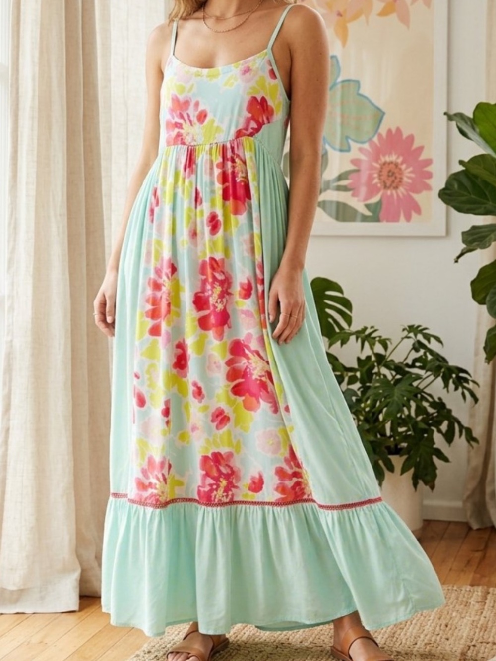 Cat & Jack Aqua Maxi Dress with Red and Pink Floral Print kids 6x